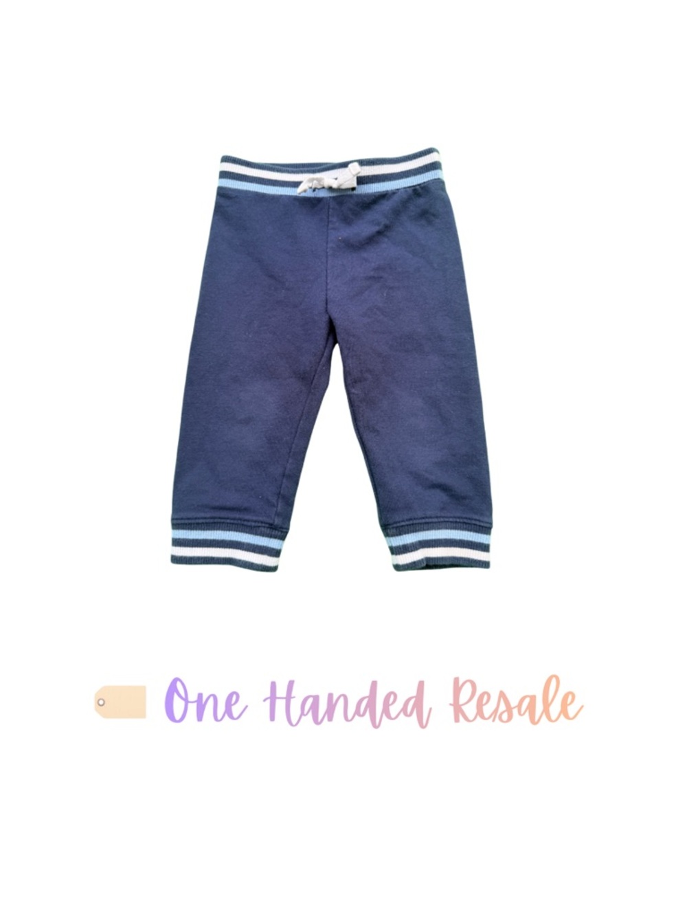 🩵 Janie & Jack Navy Blue Knit Kids Pants White Light Blue Stripe Trim 6-12M